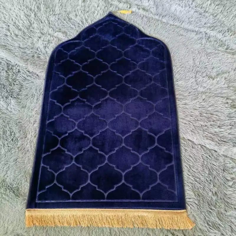 Tapis de prière épais bleu marine en velours embossé, forme d'arche et frange dorée