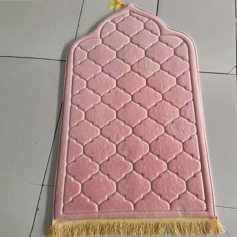 Tapis de prière épais rose en velours embossé, forme d'arche et frange dorée
