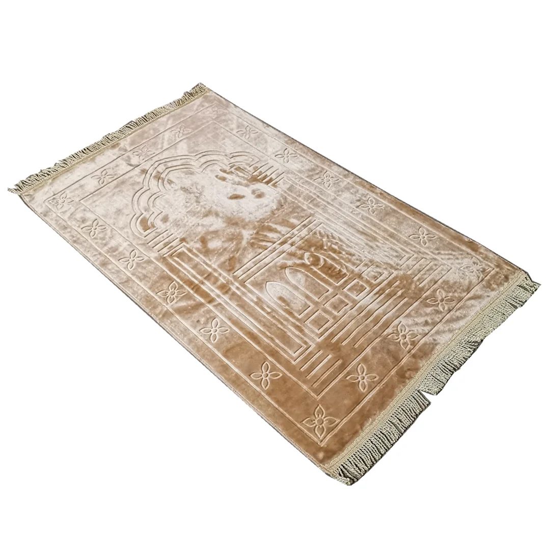 Tapis de prière turc beige en velours, mihrab embossé et frange aux deux extrémités