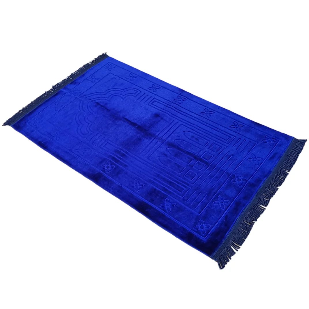 Tapis de prière turc bleu roi en velours, mihrab embossé et frange