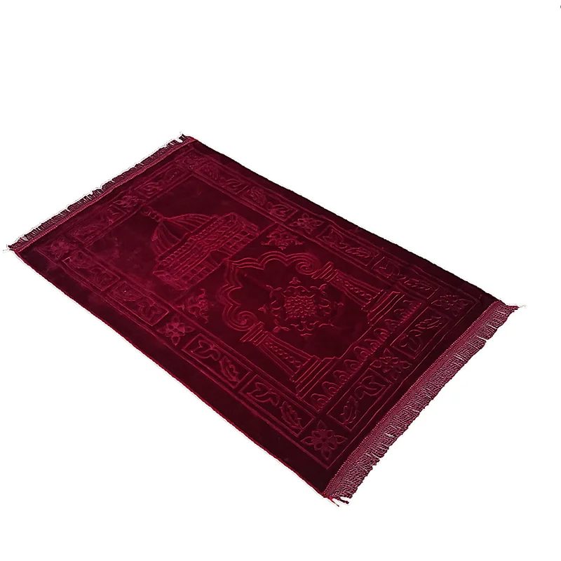 Tapis de prière turc bordeaux en velours, mihrab embossé et frange aux deux extrémités