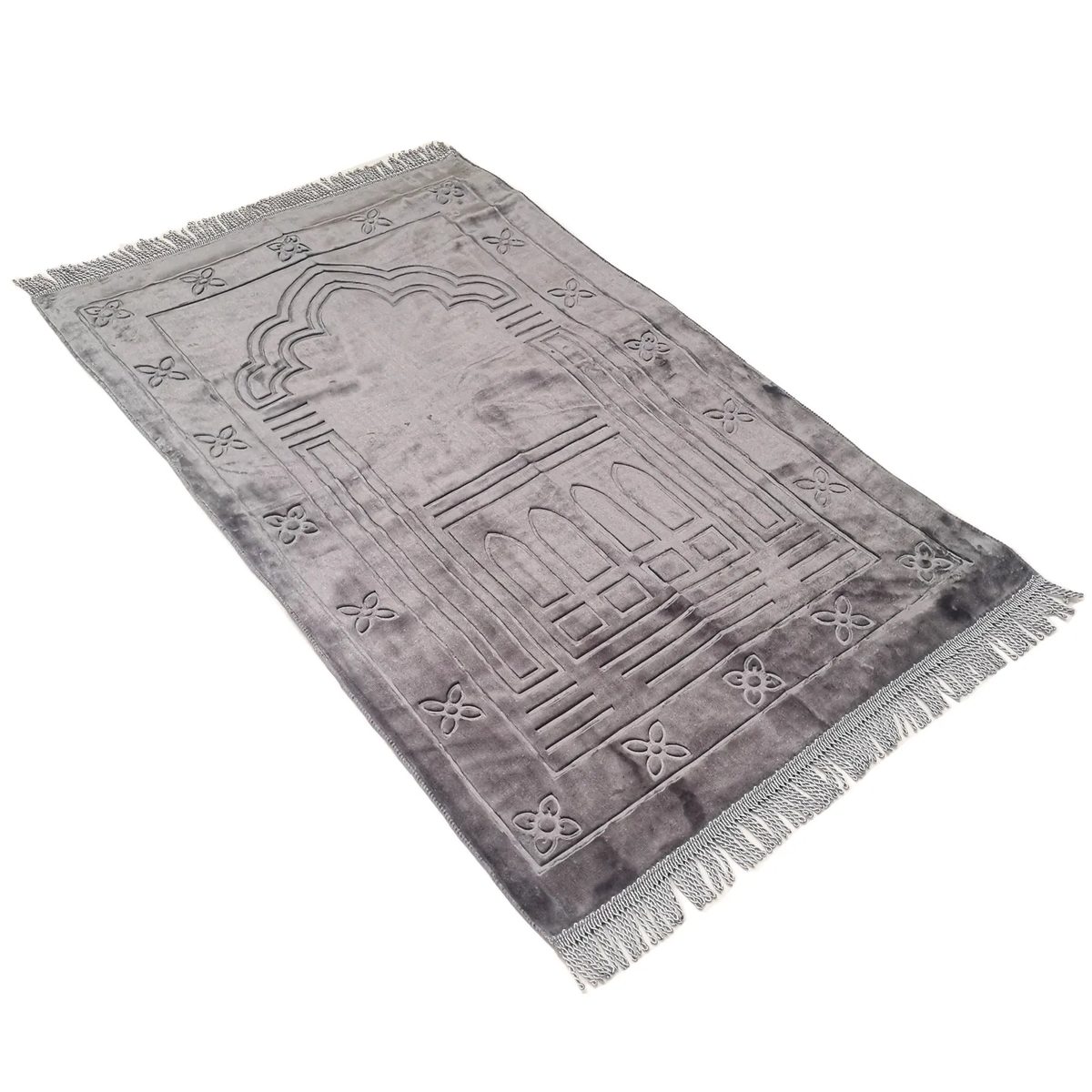 Tapis de prière turc gris en velours, mihrab embossé et frange