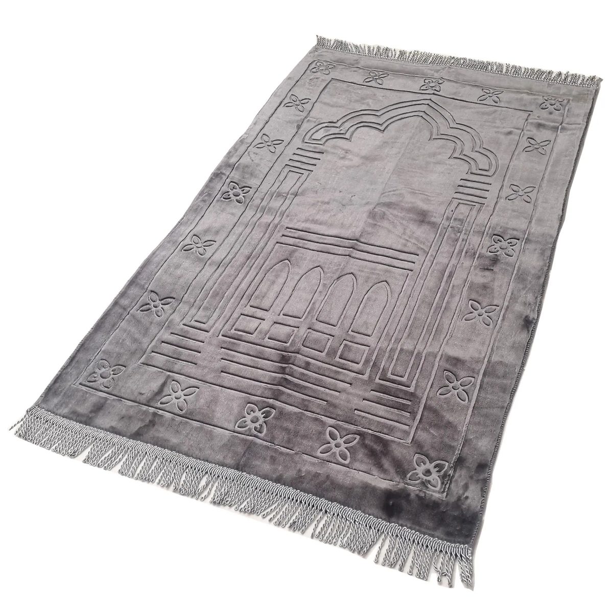 Tapis de prière turc gris déplié, vue d'ensemble du motif de mihrab embossé