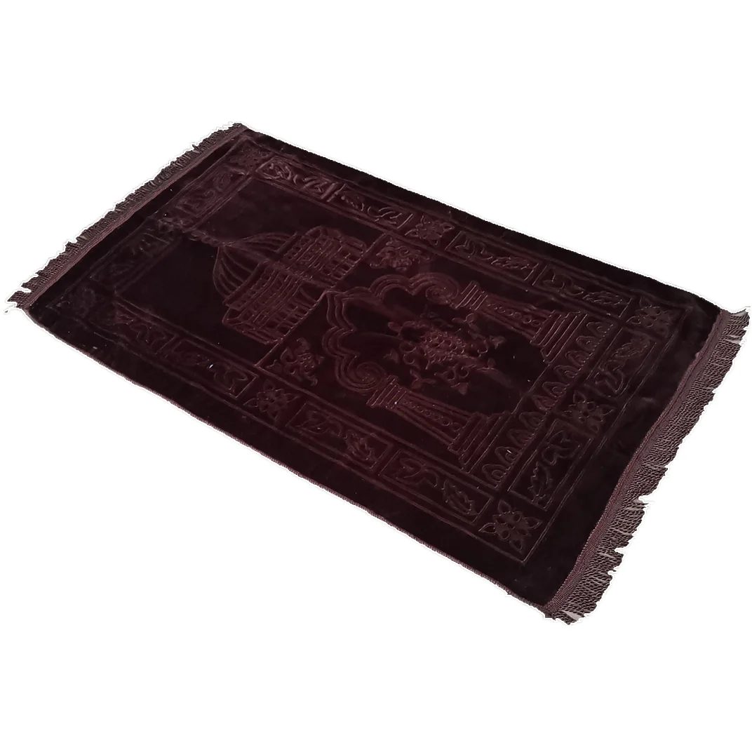 Tapis de prière turc marron en velours, mihrab embossé et frange