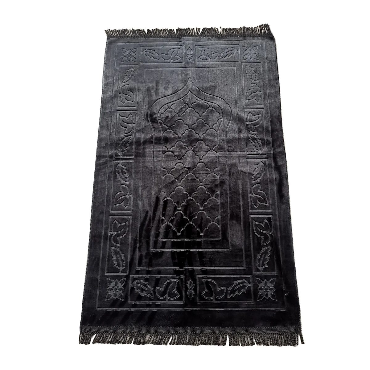 Tapis de prière turc noir en velours, mihrab embossé et frange