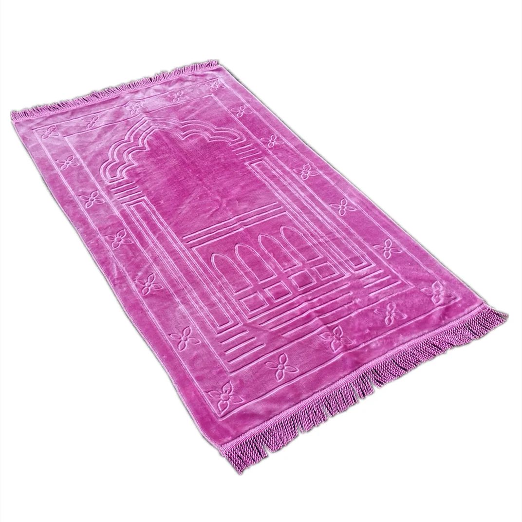 Tapis de prière turc rose en velours, mihrab embossé et frange