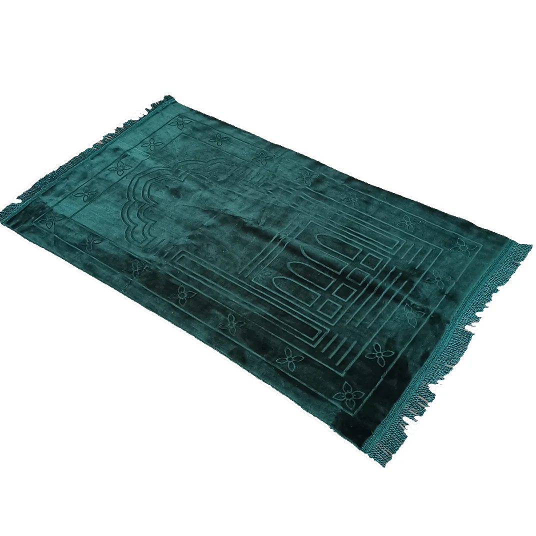 Tapis de prière turc vert émeraude en velours, mihrab embossé et frange