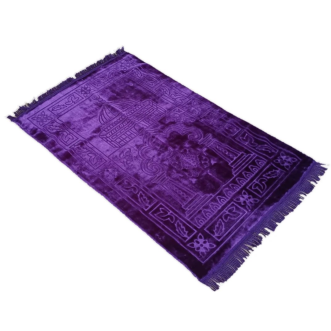 Tapis de prière turc violet en velours, mihrab embossé et frange aux deux extrémités